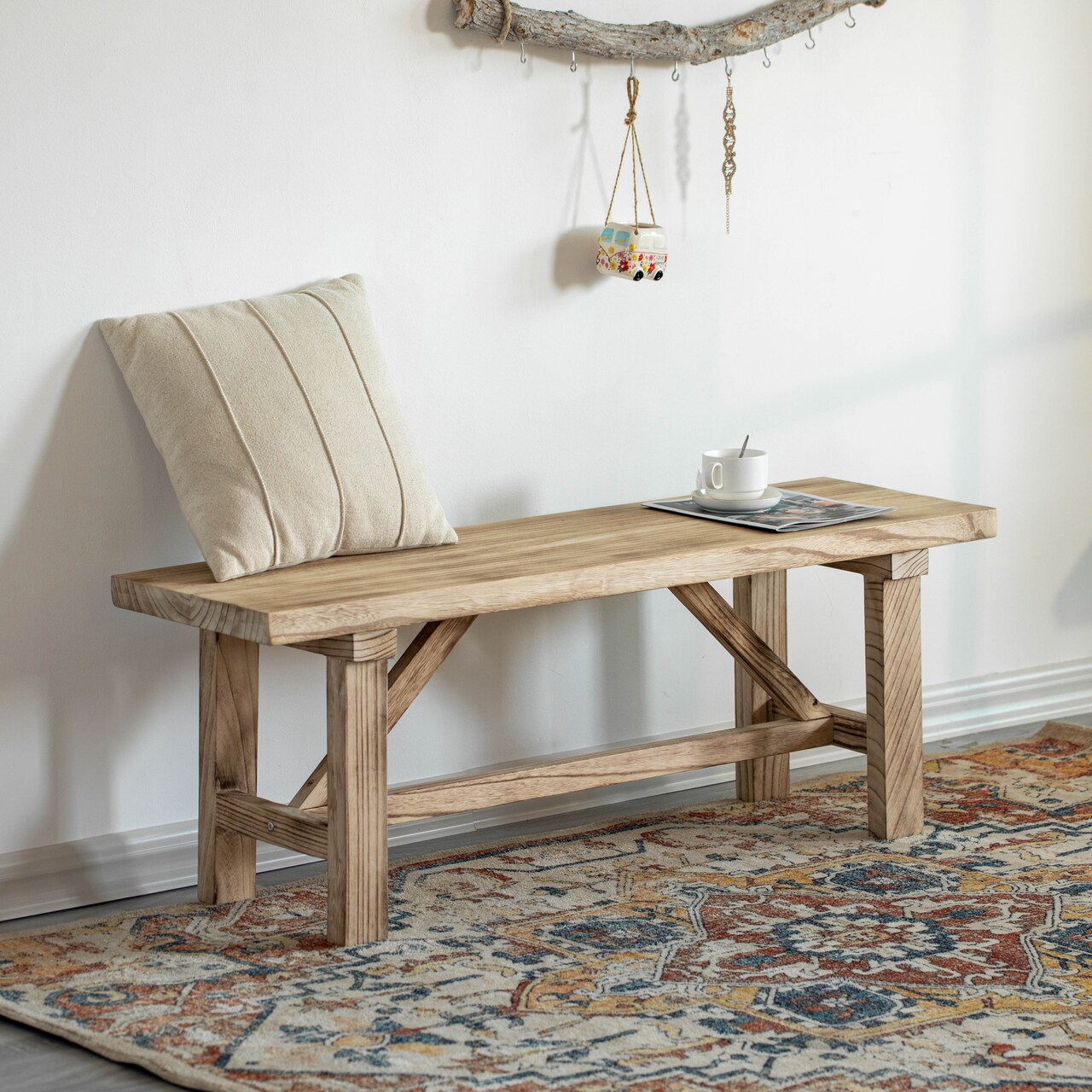 Vintiquewise Wooden Bench Farmhouse Entryway Organizer Retro Rustic Accent Seat Natural Wood Armless Design for Living Room Hallway Kitchen Dining Room Stylish & Practical Décor for Indoor Space